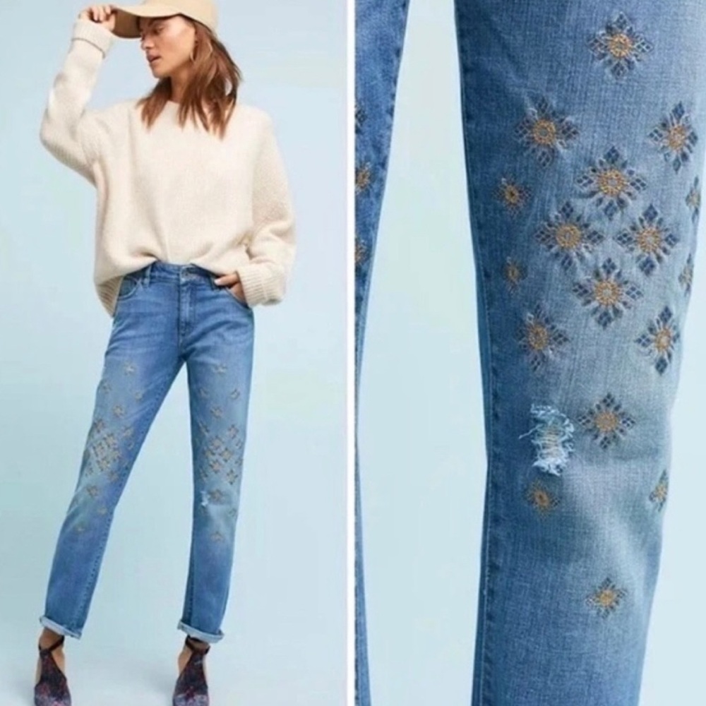 Pilcro and the Letterpress boho Embroidered Slim Boyfriend Jeans Size 28